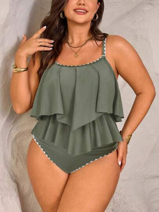 Swim Lushoire مجموعة حريمي كبير الحجم للصيف قطعتان، جزء علوي كروب بحمالات رفيعة مزدوج الطبقات وحاشية كشكشة وشورت كشكشة بخصر مرتفع ، للعطلات الشاطئية