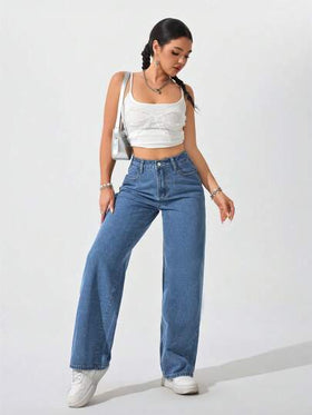 SHEIN PETITE بنطال جينز نسائي فضفاض، بتصميم ساق واسعة، بجيوب، متعدد الاستخدامات