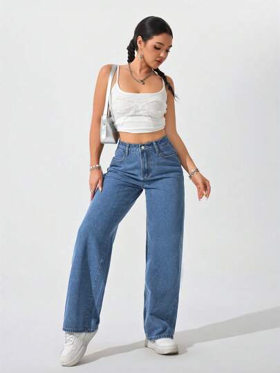SHEIN PETITE بنطال جينز نسائي فضفاض، بتصميم ساق واسعة، بجيوب، متعدد الاستخدامات