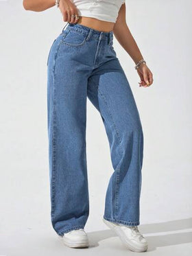 SHEIN PETITE بنطال جينز نسائي فضفاض، بتصميم ساق واسعة، بجيوب، متعدد الاستخدامات