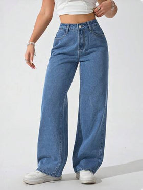 SHEIN PETITE بنطال جينز نسائي فضفاض، بتصميم ساق واسعة، بجيوب، متعدد الاستخدامات