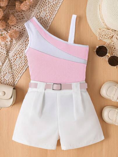 girls-sets توب كاميسول لون مباين غير متماثل والشورت مع حزام ، مناسب للفتيات المراهقات للارتداء اليومي في الصيف