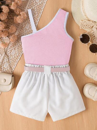 girls-sets توب كاميسول لون مباين غير متماثل والشورت مع حزام ، مناسب للفتيات المراهقات للارتداء اليومي في الصيف