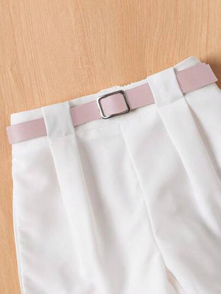 girls-sets توب كاميسول لون مباين غير متماثل والشورت مع حزام ، مناسب للفتيات المراهقات للارتداء اليومي في الصيف