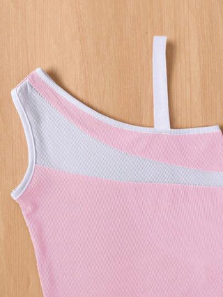 girls-sets توب كاميسول لون مباين غير متماثل والشورت مع حزام ، مناسب للفتيات المراهقات للارتداء اليومي في الصيف