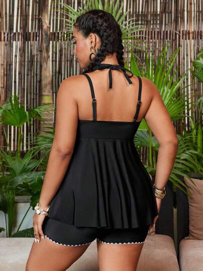 SHEIN Swim Curve طقم ملابس سباحة تانكيني للنساء كبيرات الحجم طبعة براعم الزهور ياقة على شكل حرف V ظهر رياضي، ملابس شاطئ عادية لإعتماد المنتجع
