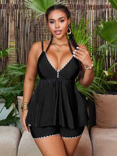 SHEIN Swim Curve طقم ملابس سباحة تانكيني للنساء كبيرات الحجم طبعة براعم الزهور ياقة على شكل حرف V ظهر رياضي، ملابس شاطئ عادية لإعتماد المنتجع
