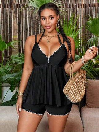 SHEIN Swim Curve طقم ملابس سباحة تانكيني للنساء كبيرات الحجم طبعة براعم الزهور ياقة على شكل حرف V ظهر رياضي، ملابس شاطئ عادية لإعتماد المنتجع