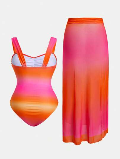 Swim Oasis بدلة سباحة قطعة واحدة كبيرة الحجم مجعدة الحواف ذات لونين متدرجين لمقاسات كبيرة للنساء 2 قطعة