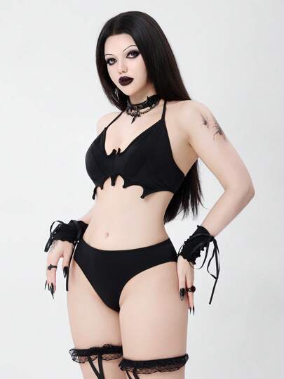 ROMWE Goth طقم بدلة السباحة ذات اللون الأحادي للنساء لرحلات الشاطىء