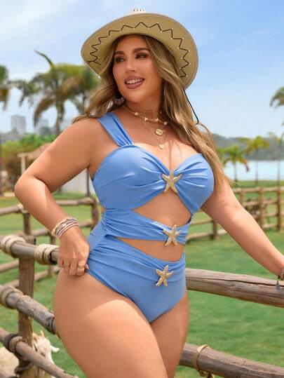 Swim Vcay بدلة سباحة قطعة واحدة مزينة بالنجوم للمناسبات الصيفية، مقاسات كبيرة، بتصميم منقوش مجسم