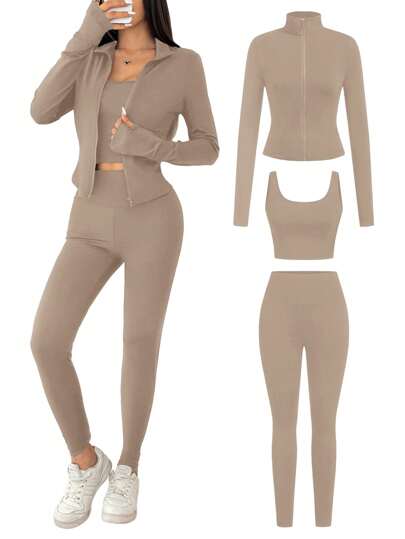 SHEIN EZwear طقم ملابس رياضية نسائية مصنوع من الكنزة البنية الخفيفة، موسم الربيع/الصيف