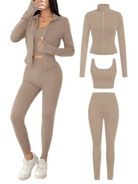 SHEIN EZwear طقم ملابس رياضية نسائية مصنوع من الكنزة البنية الخفيفة، موسم الربيع/الصيف