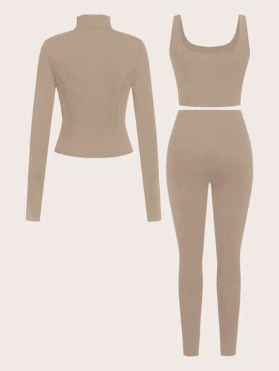 SHEIN EZwear طقم ملابس رياضية نسائية مصنوع من الكنزة البنية الخفيفة، موسم الربيع/الصيف