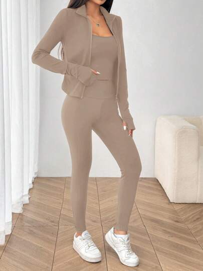 SHEIN EZwear طقم ملابس رياضية نسائية مصنوع من الكنزة البنية الخفيفة، موسم الربيع/الصيف