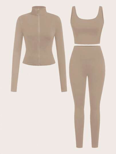 SHEIN EZwear طقم ملابس رياضية نسائية مصنوع من الكنزة البنية الخفيفة، موسم الربيع/الصيف