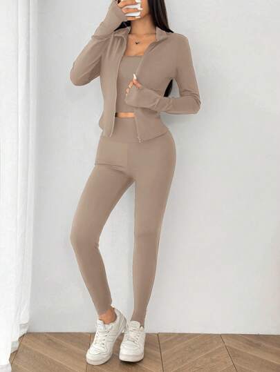 SHEIN EZwear طقم ملابس رياضية نسائية مصنوع من الكنزة البنية الخفيفة، موسم الربيع/الصيف