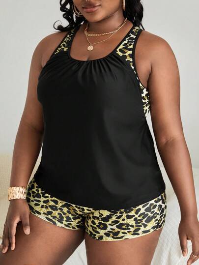 SHEIN Swim Curve قطعتان بدلة السباحة النسائية ذات الطبعة النمرية لذوات الأحجام الكبيرة