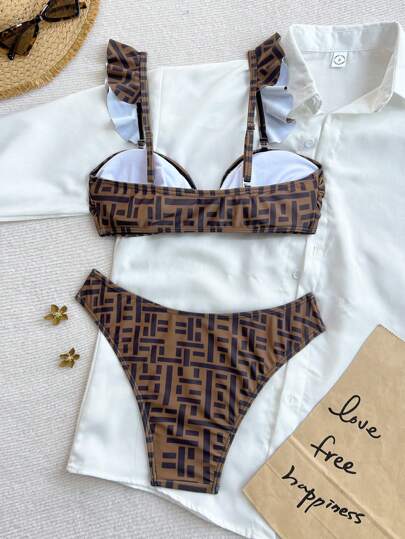 Swim مجموعة بيكيني مكونة من 2 قطعة ، كروب توب برباط متقاطع مُضرَّس و قطعة سفلية كيكي، طباعة رقبة - لأوقات التفريج الصيفية