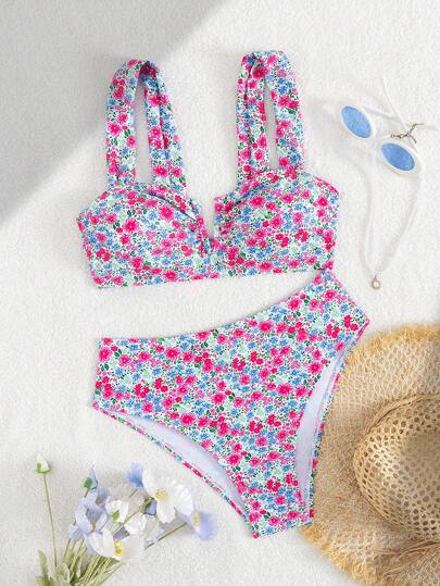 Swim Mod مجموعة من قطعتين من البكيني بطبعة زهور صغيرة للنساء، ذو رقبة على شكل V وخصر عالي، قابل للإزالة، مناسب للشاطئ والعطلات الصيفية