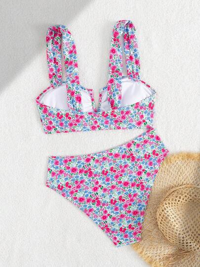 Swim Mod مجموعة من قطعتين من البكيني بطبعة زهور صغيرة للنساء، ذو رقبة على شكل V وخصر عالي، قابل للإزالة، مناسب للشاطئ والعطلات الصيفية
