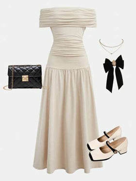 SHEIN فستان طويل أنيق للبنات المراهقات أكتاف مكشوفة مطوي، أحادي اللون، للعودة إلى المدرسة