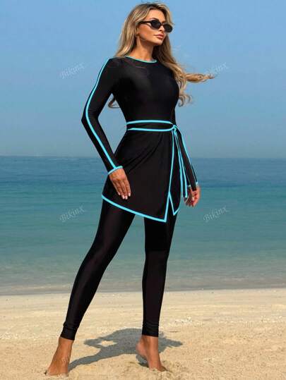طقم تانكيني حريمي Bikinx مجموعة بذلة السباحة المتواضعة والأنيقة ذات الأكمام الطويلة وربطة التباين للنساء للاستخدام في الشاطئ والإجازة