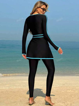 طقم تانكيني حريمي Bikinx مجموعة بذلة السباحة المتواضعة والأنيقة ذات الأكمام الطويلة وربطة التباين للنساء للاستخدام في الشاطئ والإجازة