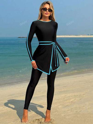 طقم تانكيني حريمي Bikinx مجموعة بذلة السباحة المتواضعة والأنيقة ذات الأكمام الطويلة وربطة التباين للنساء للاستخدام في الشاطئ والإجازة