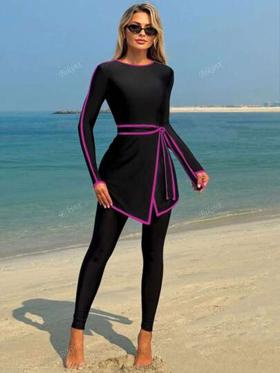 طقم تانكيني حريمي Bikinx بدلة السباحة المتواضعة الأنيقة ذات الأكمام الطويلة والرباط المتباين للنساء للاستخدام في الشاطئ والعطلات