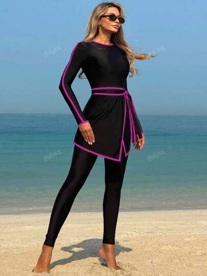 طقم تانكيني حريمي Bikinx بدلة السباحة المتواضعة الأنيقة ذات الأكمام الطويلة والرباط المتباين للنساء للاستخدام في الشاطئ والعطلات