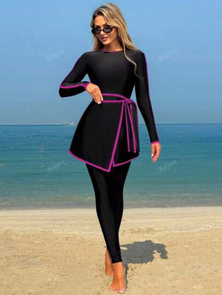طقم تانكيني حريمي Bikinx بدلة السباحة المتواضعة الأنيقة ذات الأكمام الطويلة والرباط المتباين للنساء للاستخدام في الشاطئ والعطلات