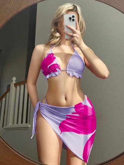Swim Mod مجموعة بكيني مزينة بكشاكش ظهر مفتوح مع تنورة شبكية 3 قطع للنساء، بطبعة زهرية، ملابس سباحة للنساء، لموسم الصيف والعطلات والمهرجانات البوهيمية