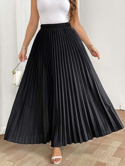 SHEIN Tall CURVE تنورة منتفخة انيقة بخصر مطاطي للسيدات للاستخدام اليومي والإجازات، لون أسود، مقاس كبير