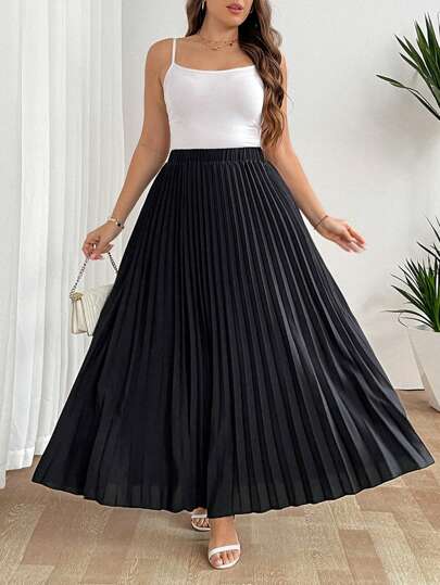 SHEIN Tall CURVE تنورة منتفخة انيقة بخصر مطاطي للسيدات للاستخدام اليومي والإجازات، لون أسود، مقاس كبير