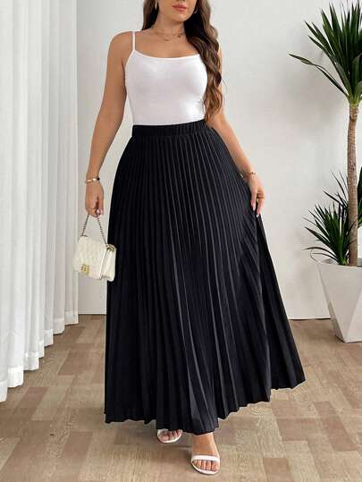 SHEIN Tall CURVE تنورة منتفخة انيقة بخصر مطاطي للسيدات للاستخدام اليومي والإجازات، لون أسود، مقاس كبير