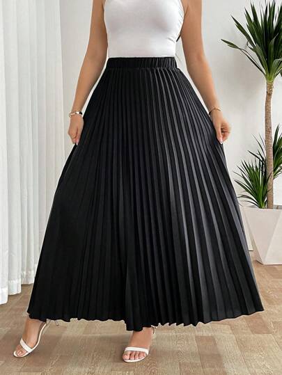 SHEIN Tall CURVE تنورة منتفخة انيقة بخصر مطاطي للسيدات للاستخدام اليومي والإجازات، لون أسود، مقاس كبير