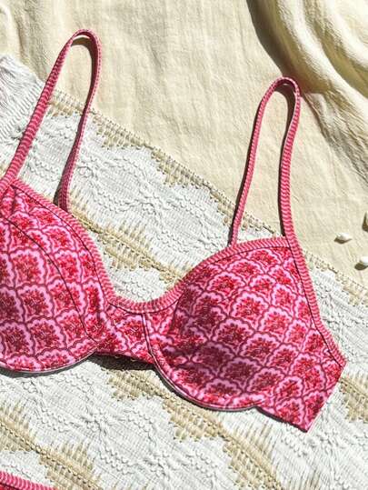 Swim Mod بكيني قطعتين بخصر عالي مع حمالات قابلة للتعديل وإبزيم ظهر، مزين بطبعة زهور صغيرة باللون الفوشيا، للنساء موسم ربيع/صيف 2026، للعطلات