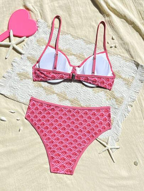 Swim Mod بكيني قطعتين بخصر عالي مع حمالات قابلة للتعديل وإبزيم ظهر، مزين بطبعة زهور صغيرة باللون الفوشيا، للنساء موسم ربيع/صيف 2026، للعطلات