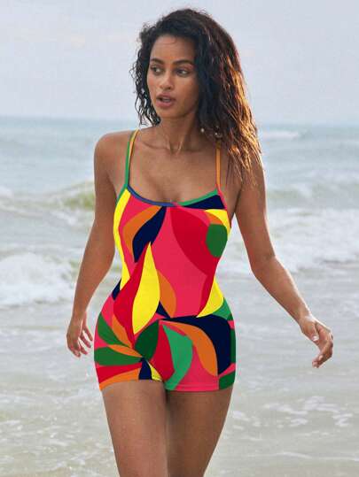 مايوه حريمي قطعة واحدة Swim SPRTY بدلة السباحة مكونة من توب كامي بطباعة نمط عشوائي متعدد الألوان وشورت