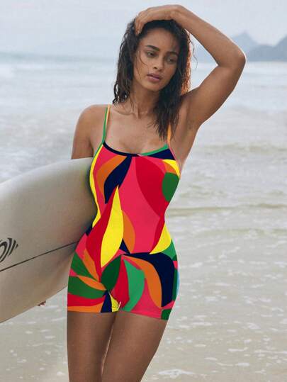 مايوه حريمي قطعة واحدة Swim SPRTY بدلة السباحة مكونة من توب كامي بطباعة نمط عشوائي متعدد الألوان وشورت