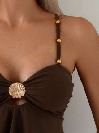 طقم تانكيني حريمي Swim Chiccia مجموعة ملابس سباحة للمرأة 2 قطعة شيكة صيفية مزخرفة بحبيبات معدنية مع غطاء بغلاف بني ترابي للمنتجع الراقي