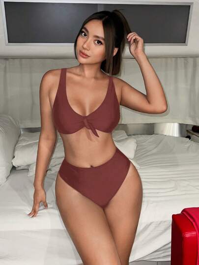 طقم تانكيني حريمي Swim Mod طقم بيكيني أحادي اللون للشاطئ والعطلة