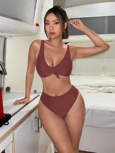 طقم تانكيني حريمي Swim Mod طقم بيكيني أحادي اللون للشاطئ والعطلة