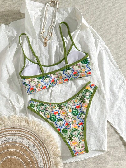 Swim Mod طقم بكيني بتصميم عشوائي للنساء بسترابات رفيعة وشورت سباحة ذات قطع عالي، بدلة سباحة لإجازة الشاطئ