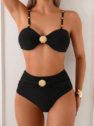 Swim Chiccia مجموعتان من البكيني للنساء بحزام معدني مكلل باللؤلؤ وتنظيم البطن عالي الخصر ، لون بني ، أنيقة للعطلات الصيفية 2025