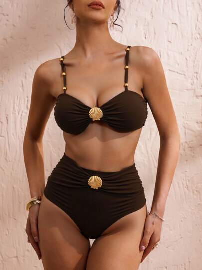 Swim Chiccia مجموعة بيكيني للنساء المميزة لفصل الربيع/الصيف 2025 بتحكم في البطن، ذو خصر عالي، تصميم معدني بخرزات ورسن عالي الرقبة باللون البني