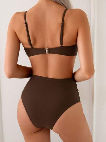 Swim Chiccia مجموعة بيكيني للنساء المميزة لفصل الربيع/الصيف 2025 بتحكم في البطن، ذو خصر عالي، تصميم معدني بخرزات ورسن عالي الرقبة باللون البني