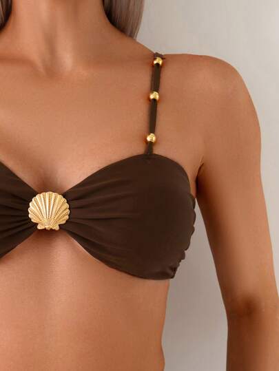 Swim Chiccia مجموعة بيكيني للنساء المميزة لفصل الربيع/الصيف 2025 بتحكم في البطن، ذو خصر عالي، تصميم معدني بخرزات ورسن عالي الرقبة باللون البني