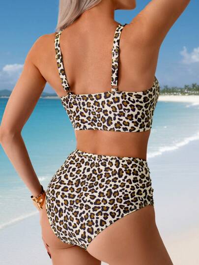 Swim Lushoire ملابس شاطئية للنساء، ملابس علوية فضفاضة أنيقة عادية ذات أربطة عريضة بطبعة جلد الفهد عشوائية وبيكيني ذو خصر عالي وطبعة جلد الفهد جذاب